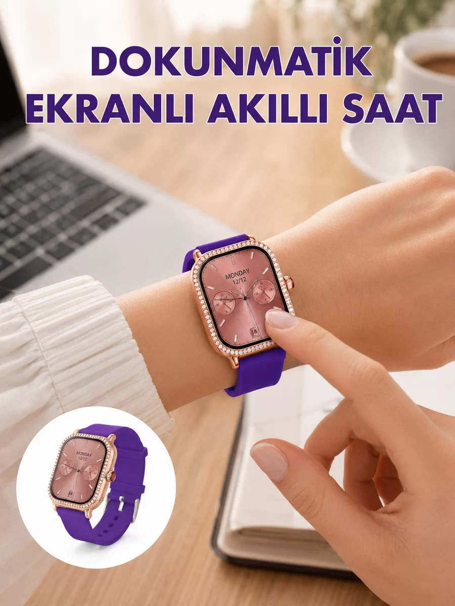 Pembe Mor ve Metal Kordonlu Akıllı Saat Hediye Seti 1 Pembe Mor ve Metal Kordonlu Akıllı Saat Hediye Seti