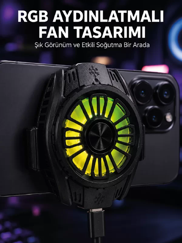 RGB Fan Aydınlatmalı Sessiz Çalışan Telefon Soğutucu 1 RGB Fan Aydınlatmalı Sessiz Çalışan Telefon Soğutucu