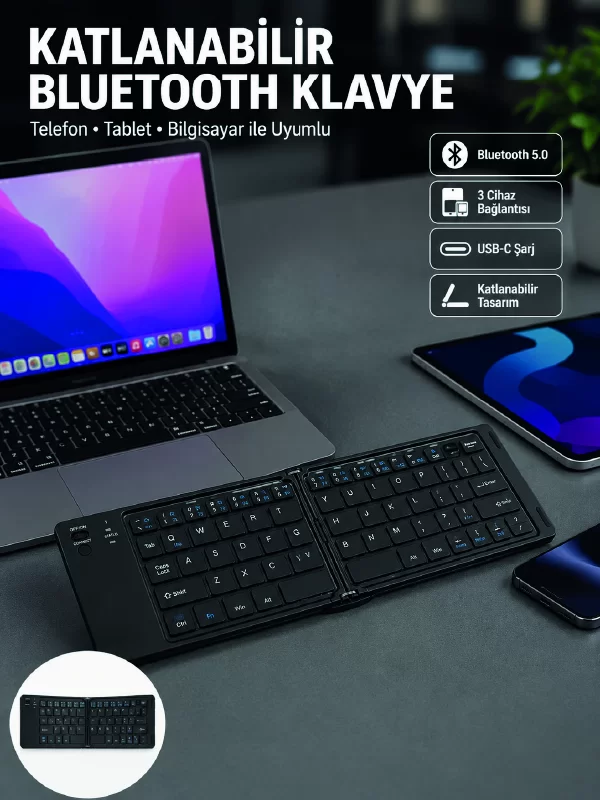 Katlanabilir Bluetooth Klavye 3 Cihaz Bağlantılı Kablosuz Taşınabilir Klavye 1 Katlanabilir Bluetooth Klavye 3 Cihaz Bağlantılı Kablosuz Taşınabilir Klavye