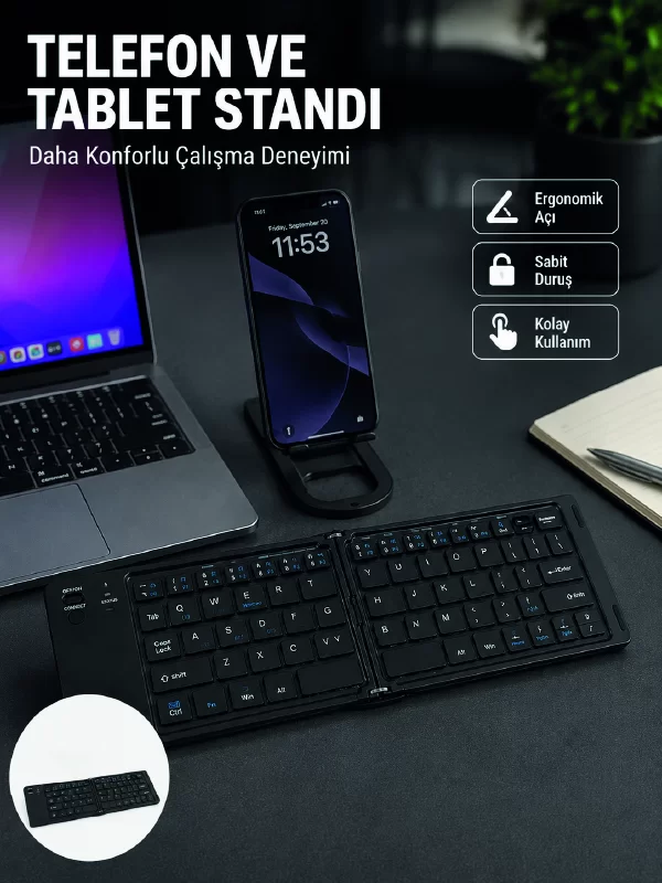 Bluetooth Katlanabilir Klavye USB-C Şarjlı 3 Cihaz Bağlantılı Taşınabilir Klavye 1 Bluetooth Katlanabilir Klavye USB-C Şarjlı 3 Cihaz Bağlantılı Taşınabilir Klavye