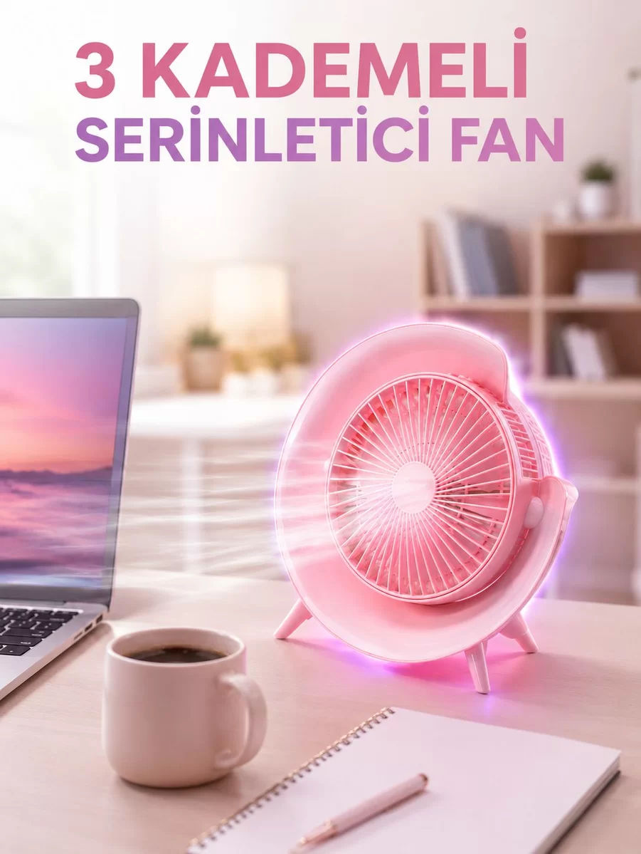 RGB Işıklı 3 Kademeli USB Şarjlı Masaüstü Vantilatör 1 RGB Işıklı 3 Kademeli USB Şarjlı Masaüstü Vantilatör