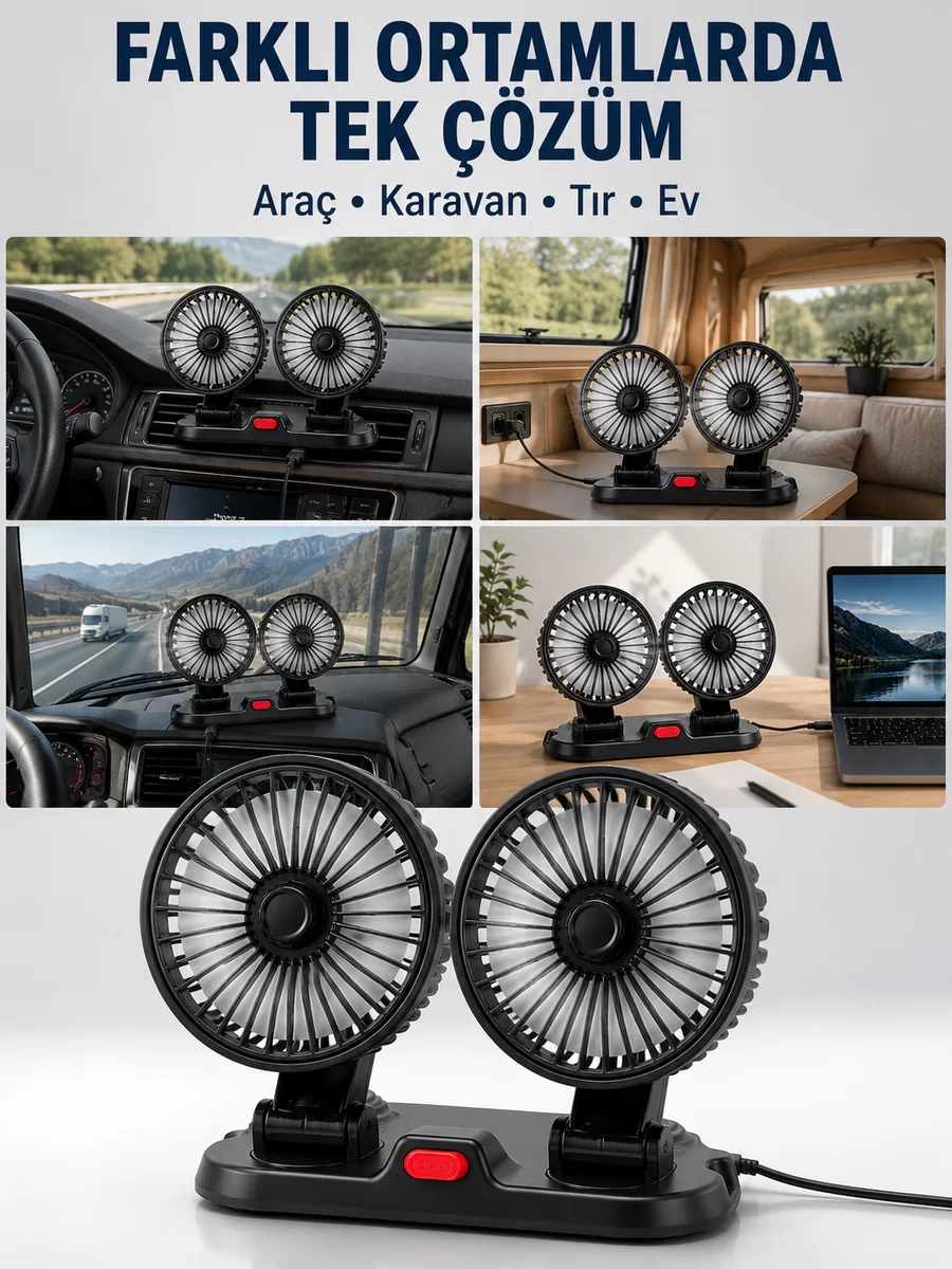 Araç Karavan ve Tır İçin Çift Fanlı Mini Vantilatör 1 Araç Karavan ve Tır İçin Çift Fanlı Mini Vantilatör