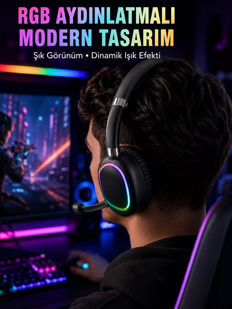 RGB Işıklı Bluetooth Mikrofonlu Kulaklık Uzun Süreli Kullanım Type-C Şarjlı 1 RGB Işıklı Bluetooth Mikrofonlu Kulaklık Uzun Süreli Kullanım Type-C Şarjlı