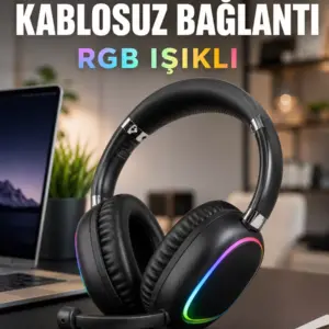 Bluetooth 5.0 Kablosuz Kulak Üstü Kulaklık Mikrofonlu RGB Aydınlatmalı