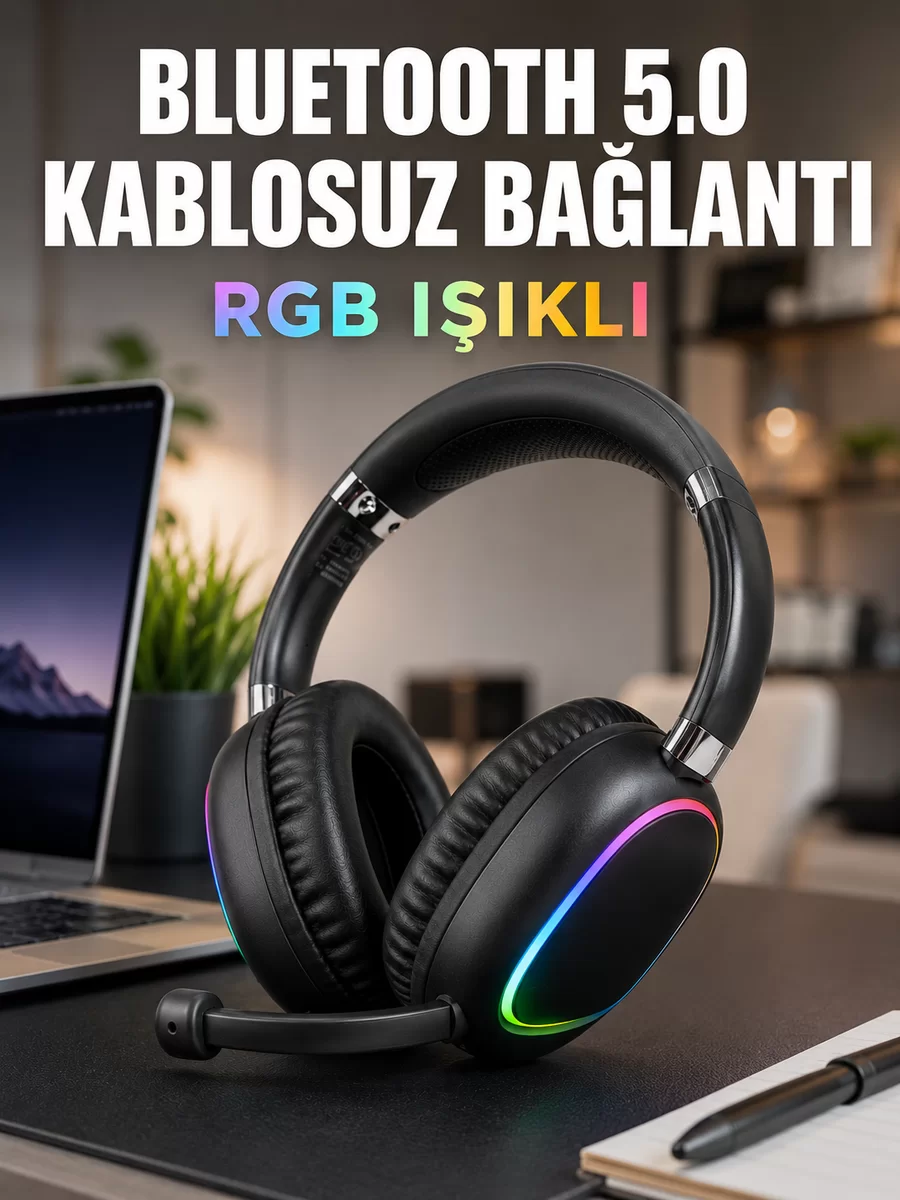Bluetooth 5.0 Kablosuz Kulak Üstü Kulaklık Mikrofonlu RGB Aydınlatmalı 1 Bluetooth 5.0 Kablosuz Kulak Üstü Kulaklık Mikrofonlu RGB Aydınlatmalı