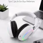 Beyaz Bluetooth 5.0 Mikrofonlu Kablosuz Kulak Üstü Kulaklık RGB Işıklı Type-C Şarjlı