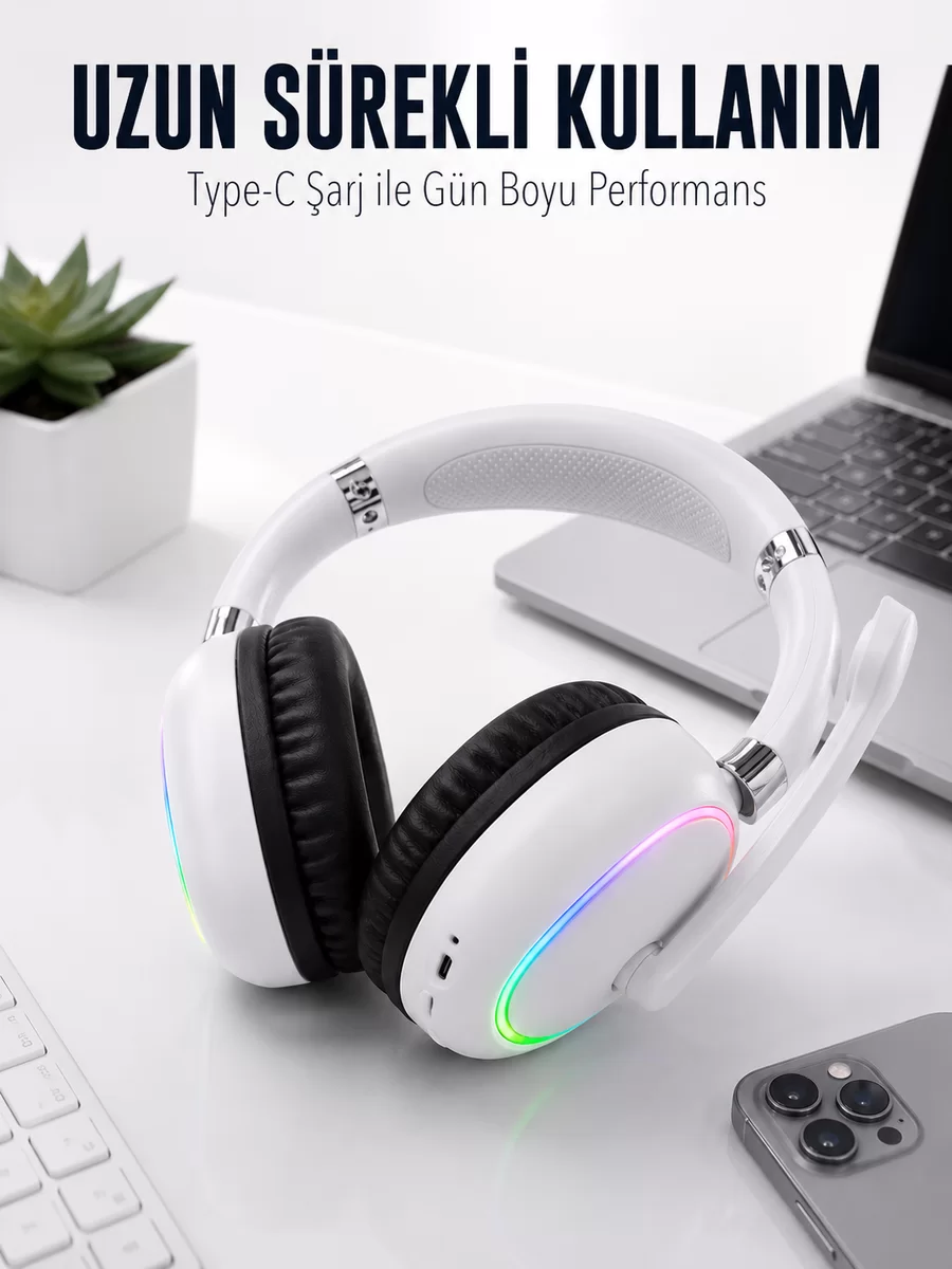 Beyaz Bluetooth 5.0 Mikrofonlu Kablosuz Kulak Üstü Kulaklık RGB Işıklı Type-C Şarjlı 1 Beyaz Bluetooth 5.0 Mikrofonlu Kablosuz Kulak Üstü Kulaklık RGB Işıklı Type-C Şarjlı