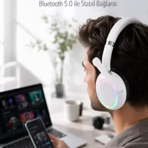 RGB Işıklı Mikrofonlu Bluetooth Kulaklık Beyaz Over-Ear Tasarım Type-C Şarjlı