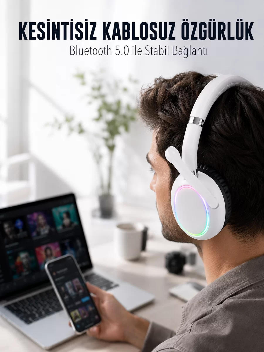 RGB Işıklı Mikrofonlu Bluetooth Kulaklık Beyaz Over-Ear Tasarım Type-C Şarjlı 1 RGB Işıklı Mikrofonlu Bluetooth Kulaklık Beyaz Over-Ear Tasarım Type-C Şarjlı