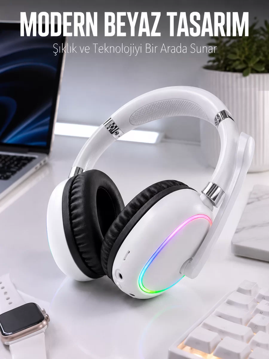 Kablosuz Bluetooth Mikrofonlu Beyaz Kulaklık RGB Işıklı 1 Kablosuz Bluetooth Mikrofonlu Beyaz Kulaklık RGB Işıklı