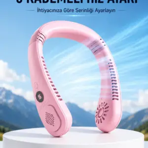 Pembe Taşınabilir Boyun Fanı Ergonomik Tasarım Çok Kademeli Hava Akışı