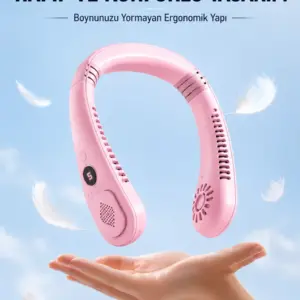 Pembe Boyun Tipi Fan USB Şarjlı Hafif Tasarım Güçlü Hava Üflemeli Serinletici