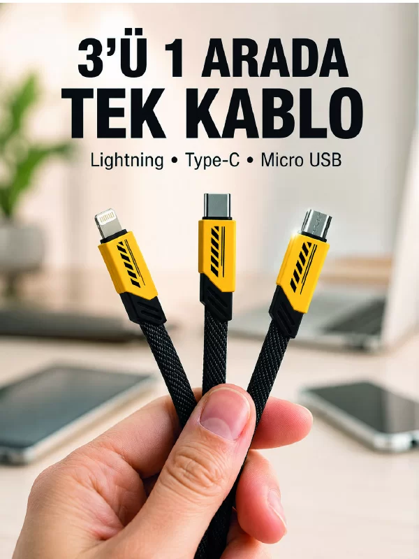 3'lü Şarj Kablosu Hızlı Şarj Destekli Dayanıklı Örgü USB Kablo 1 3'lü Şarj Kablosu Hızlı Şarj Destekli Dayanıklı Örgü USB Kablo