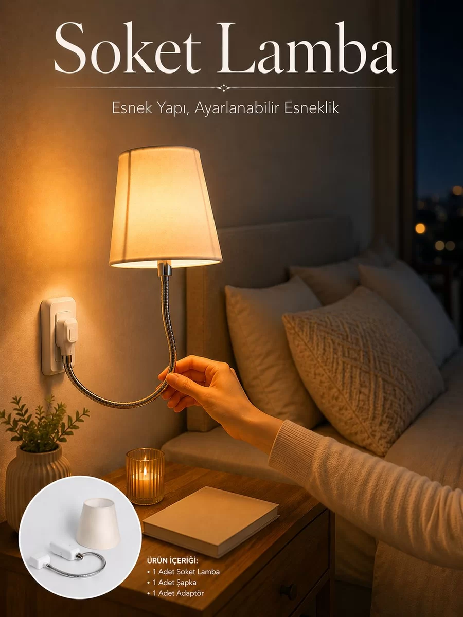 Soket Lamba Yatak Başı Işığı Ayarlanabilir Boyunlu 1 Soket Lamba Yatak Başı Işığı Ayarlanabilir Boyunlu