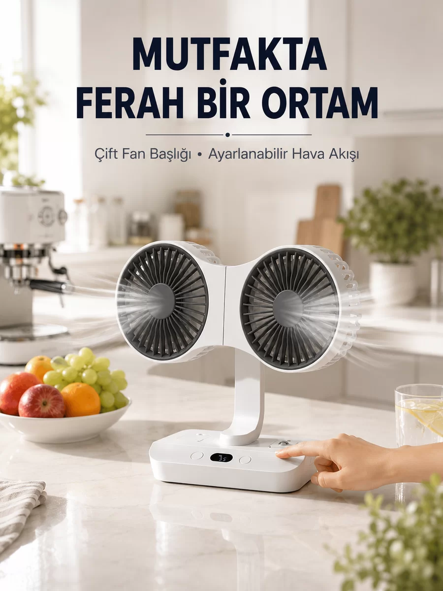 Ayarlanabilir Çift Fan Başlıklı Şarjlı Masa Vantilatörü 1 Ayarlanabilir Çift Fan Başlıklı Şarjlı Masa Vantilatörü