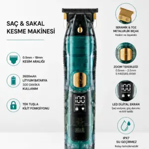 Saç ve Sakal Kesme Makinesi LED Ekranlı Profesyonel 5 Adet Uzunluk Ayarı