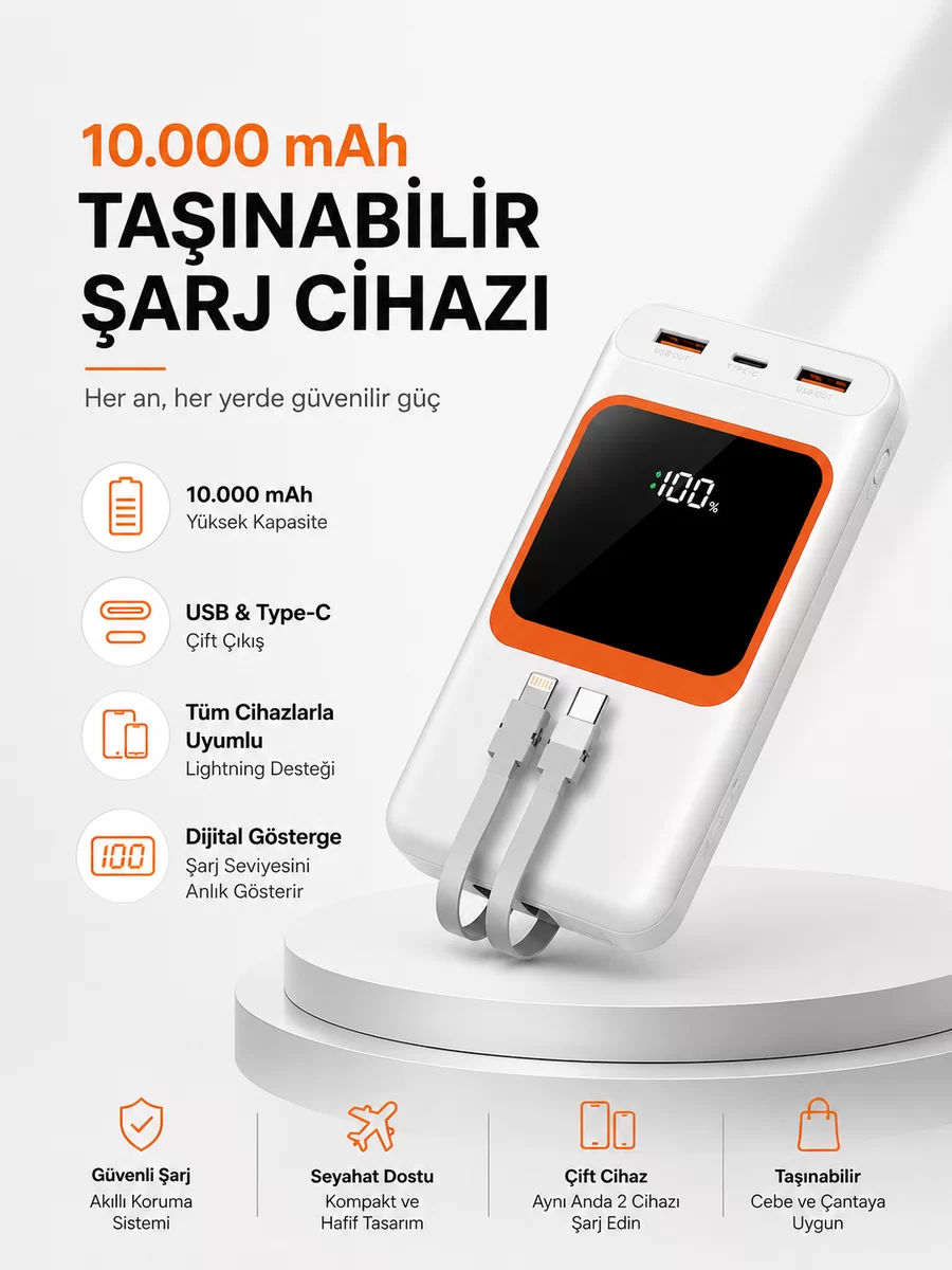 10.000 mAh Bataryalı Dijital Göstergeli Taşınabilir Powerbank 1 10.000 mAh Bataryalı Dijital Göstergeli Taşınabilir Powerbank