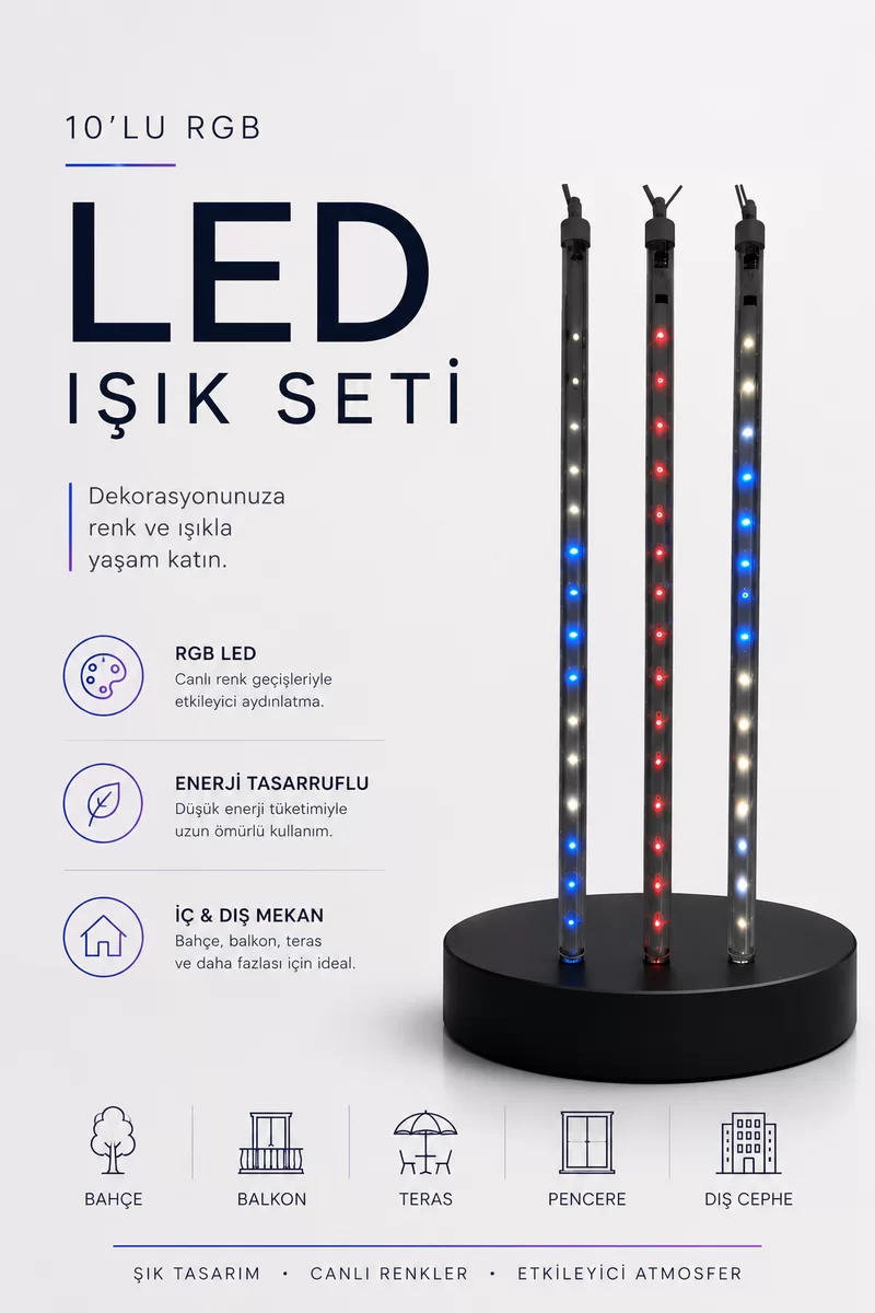 RGB LED Dış Ve İç Mekan Süsleme Işığı 10 Çubuklu Şerit 1 RGB LED Dış Ve İç Mekan Süsleme Işığı 10 Çubuklu Şerit
