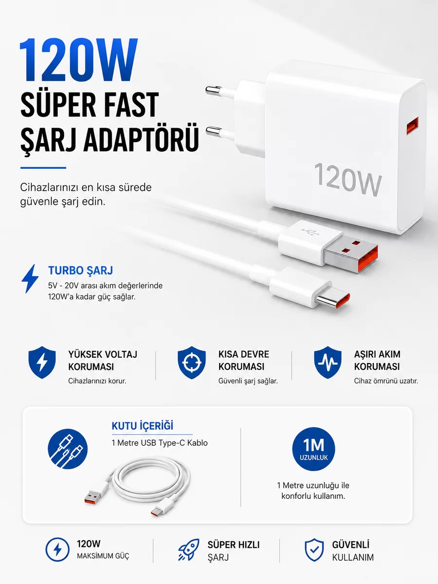 Turbo 120W Hızlı Şarj Cihazı Type-C Kablolu 1 Turbo 120W Hızlı Şarj Cihazı Type-C Kablolu