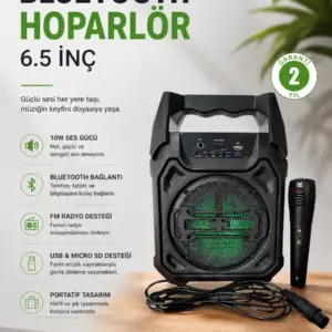 Bluetooth Hoparlör Mikrofonlu Taşınabilir Ses Sistemi FM Radyo USB SD Kart ve TWS Özellikli