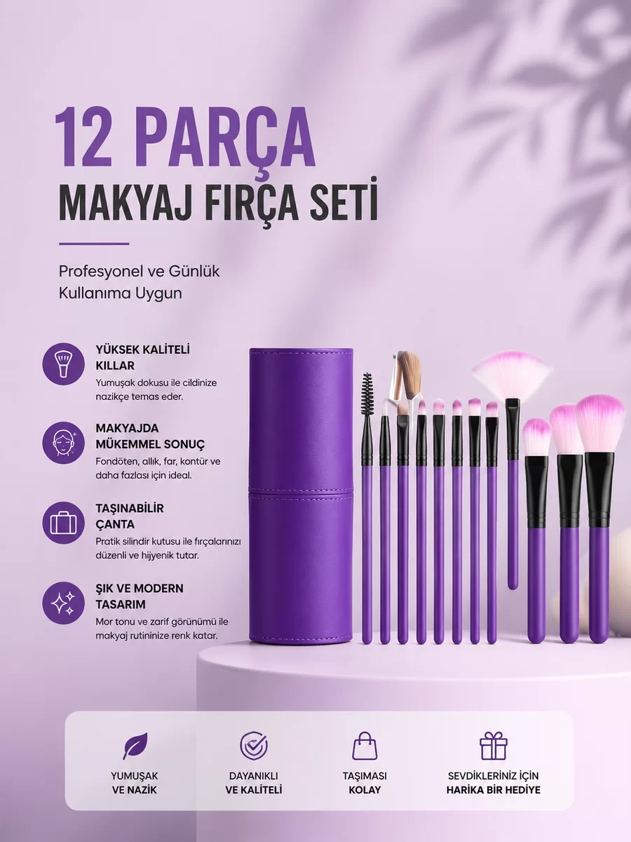 12'li Makyaj Fırça Seti Yumuşak Kıllı Profesyonel Kullanıma Uygun 1 12'li Makyaj Fırça Seti Yumuşak Kıllı Profesyonel Kullanıma Uygun