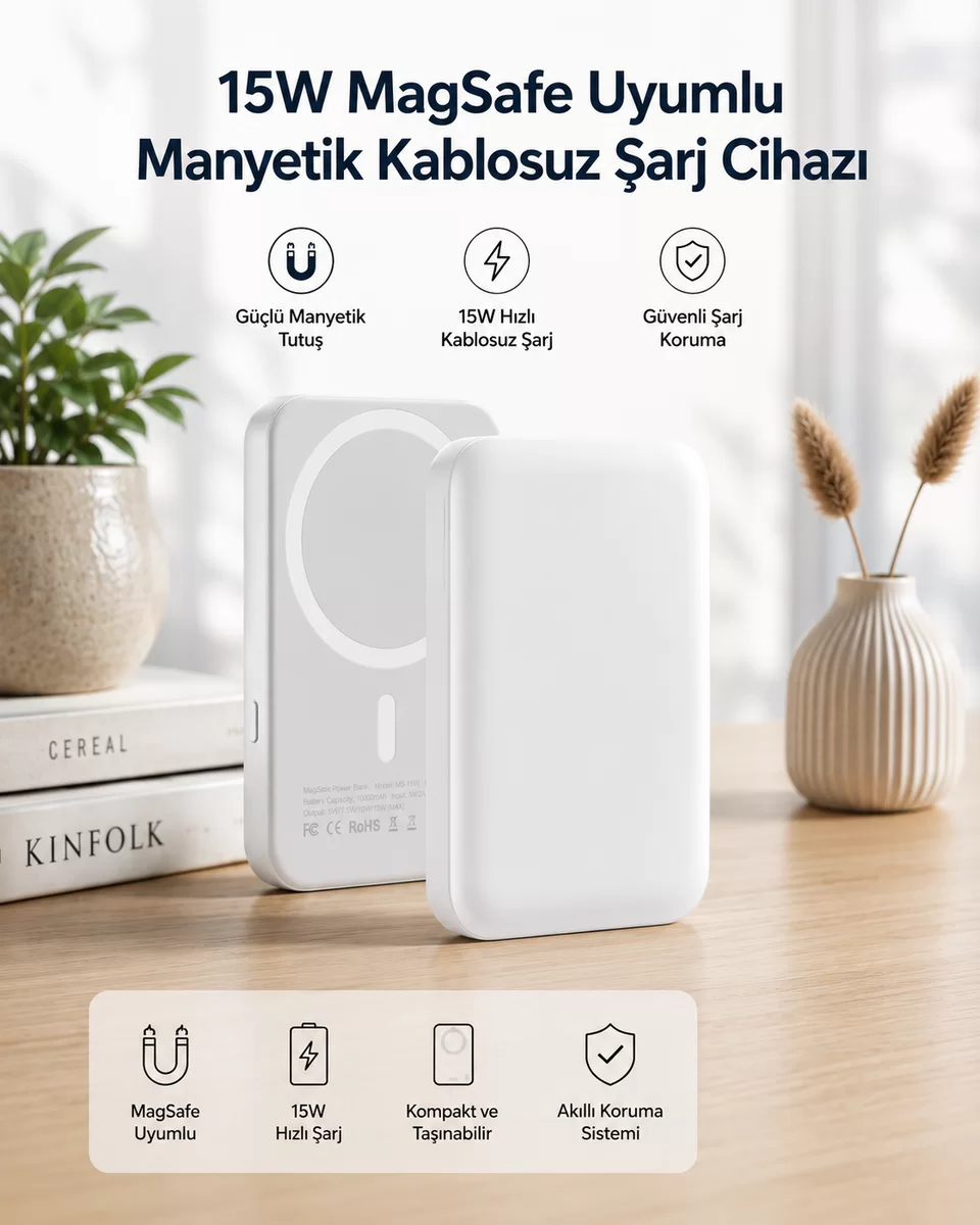 15W MagSafe Uyumlu Manyetik Kablosuz Powerbank 5000 mAh 1 15W MagSafe Uyumlu Manyetik Kablosuz Powerbank 5000 mAh