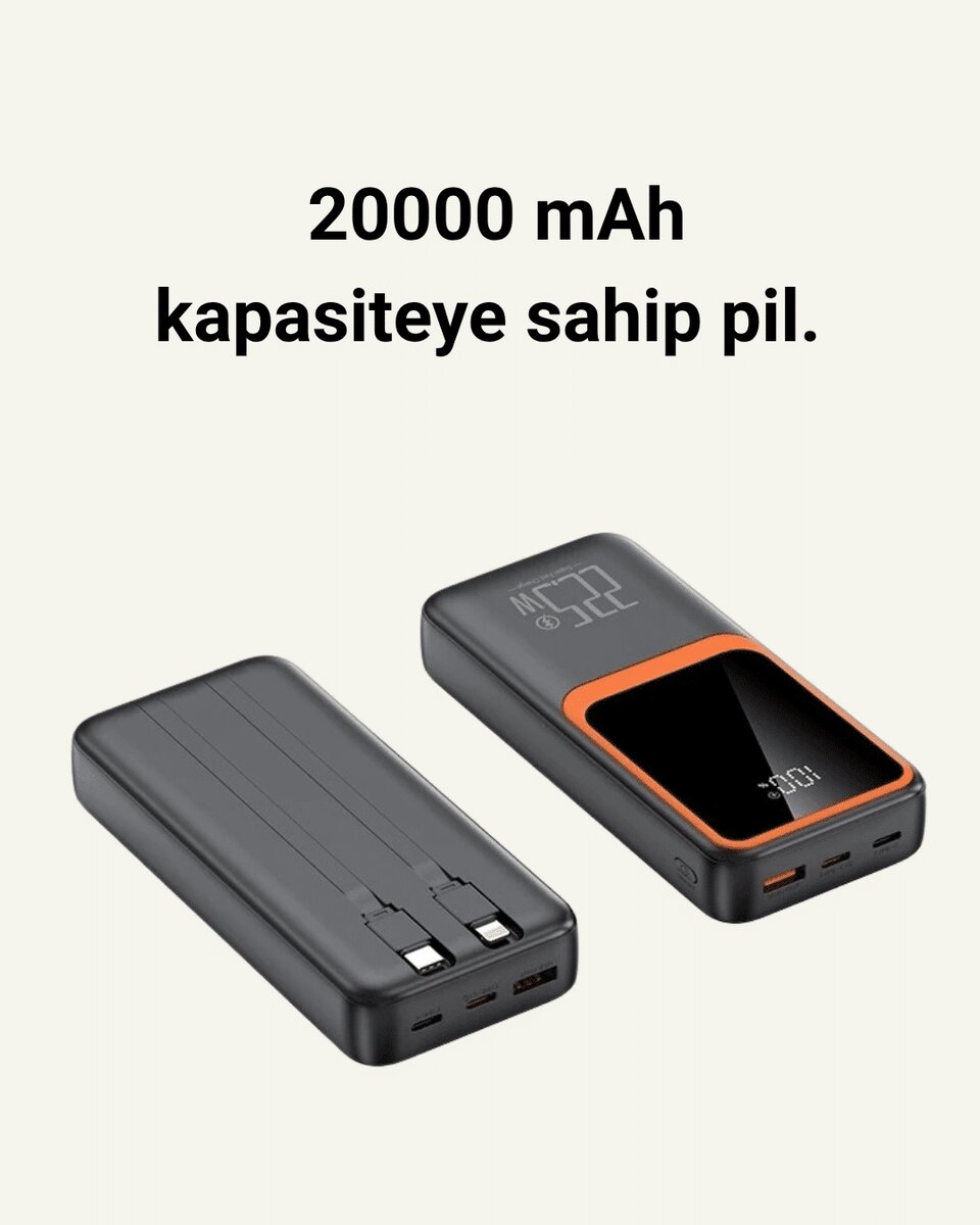 Taşınabilir Şarj Cihazı 20000 mAh | 22.5W Hızlı Şarj + Dijital Ekran + Kablo Dahil 2 Taşınabilir Şarj Cihazı 20000 mAh | 22.5W Hızlı Şarj + Dijital Ekran + Kablo Dahil - Görsel 2