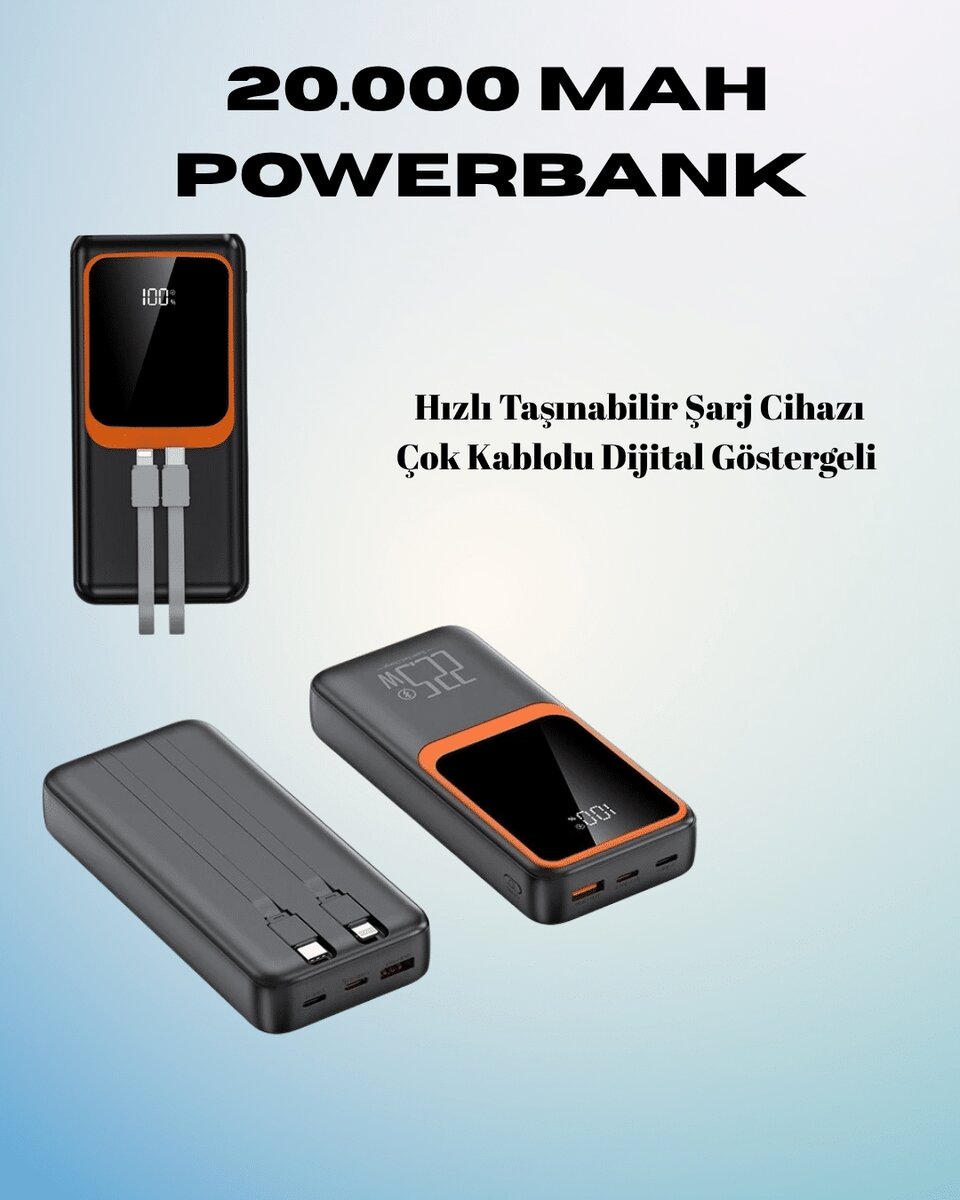 20000 mAh Powerbank | Çok Kablolu Dijital Göstergeli Yüksek Hızlı Şarj Cihazı 1 20000 mAh Powerbank | Çok Kablolu Dijital Göstergeli Yüksek Hızlı Şarj Cihazı