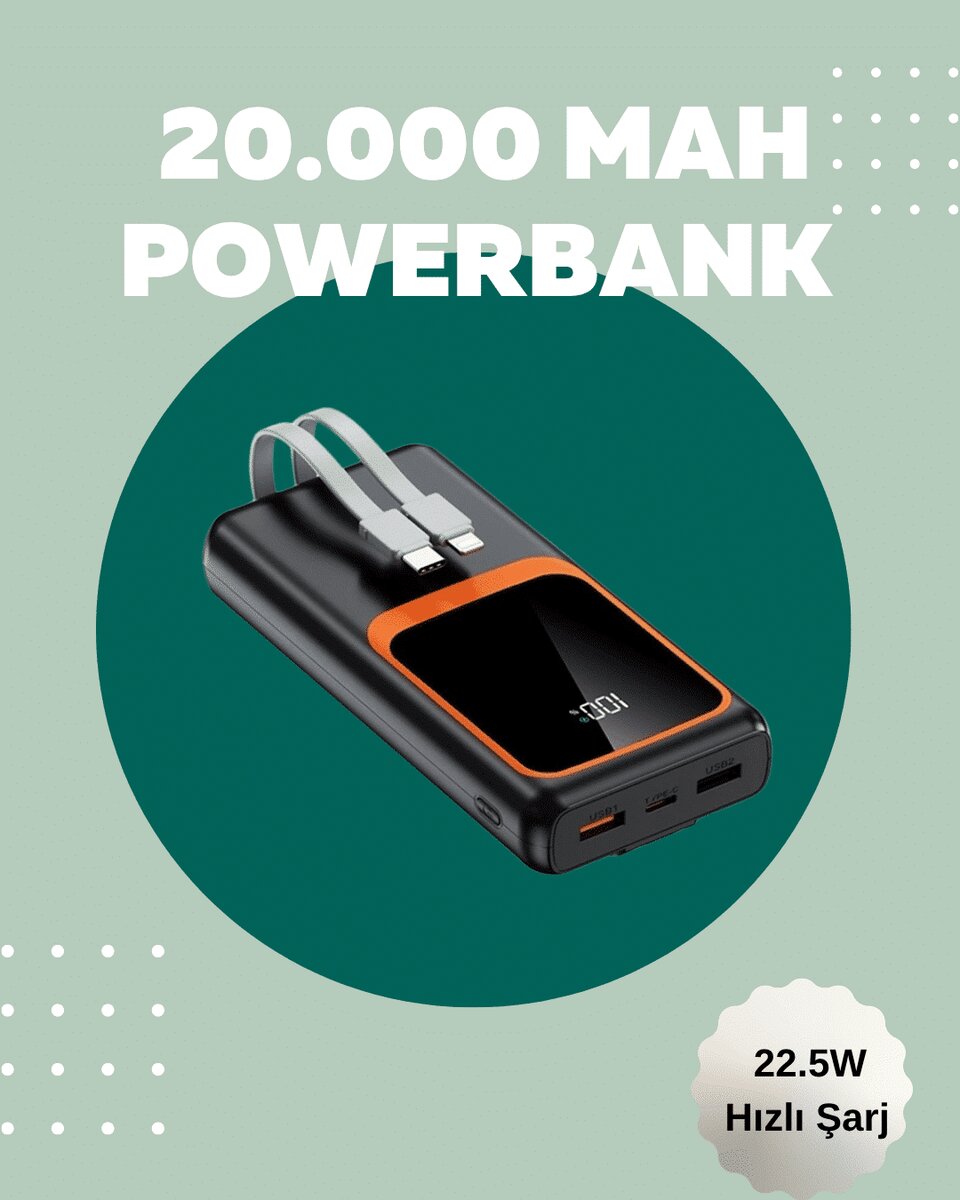 Dijital Ekranlı 20.000 mAh Powerbank | 22.5W Hızlı Şarj + Çoklu Bağlantı Seçeneği 1 Dijital Ekranlı 20.000 mAh Powerbank | 22.5W Hızlı Şarj + Çoklu Bağlantı Seçeneği