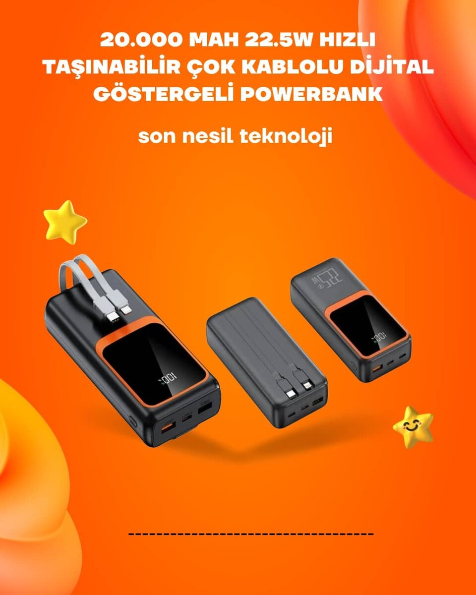 Powerbank 20000 mAh | 22.5W Hızlı Şarj Dahili Kablolu LCD Ekranlı Şarj Cihazı 1 Powerbank 20000 mAh | 22.5W Hızlı Şarj Dahili Kablolu LCD Ekranlı Şarj Cihazı