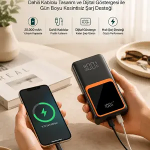 20.000 mAh Taşınabilir Şarj Cihazı Dijital Göstergeli Kablolu Powerbank