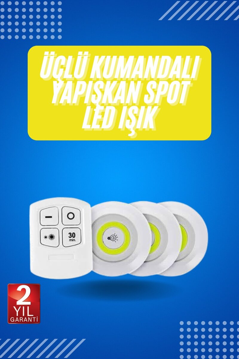 Yapışkanlı 3'lü Spot Led Işık Lamba Montajsız Pilli Uzaktan Kumandalı 1 Yapışkanlı 3'lü Spot Led Işık Lamba Montajsız Pilli Uzaktan Kumandalı