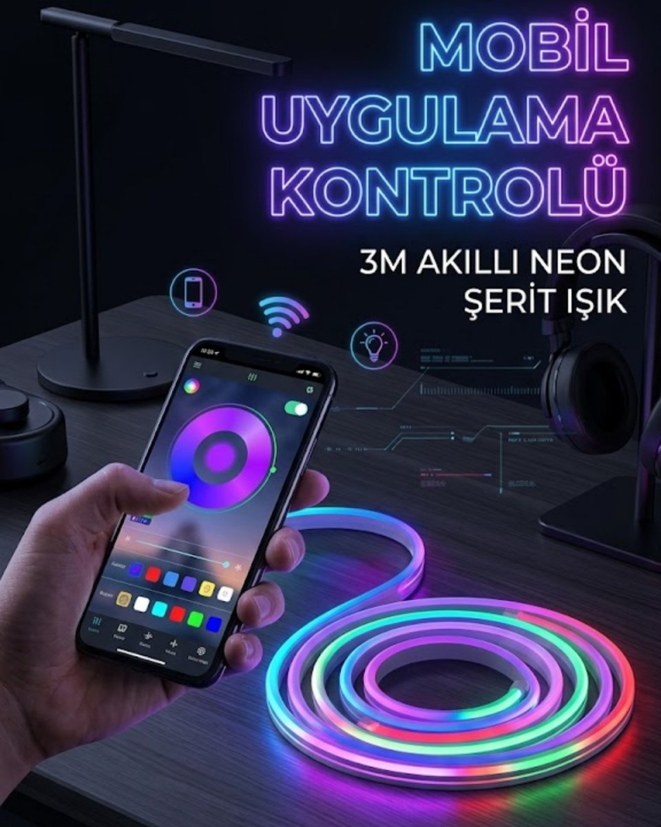 3 Metre RGB Neon LED Şerit Işık Su Geçirmez Kumandalı ve Uygulama Kontrollü Dekoratif Aydınlatma 1 3 Metre RGB Neon LED Şerit Işık Su Geçirmez Kumandalı ve Uygulama Kontrollü Dekoratif Aydınlatma
