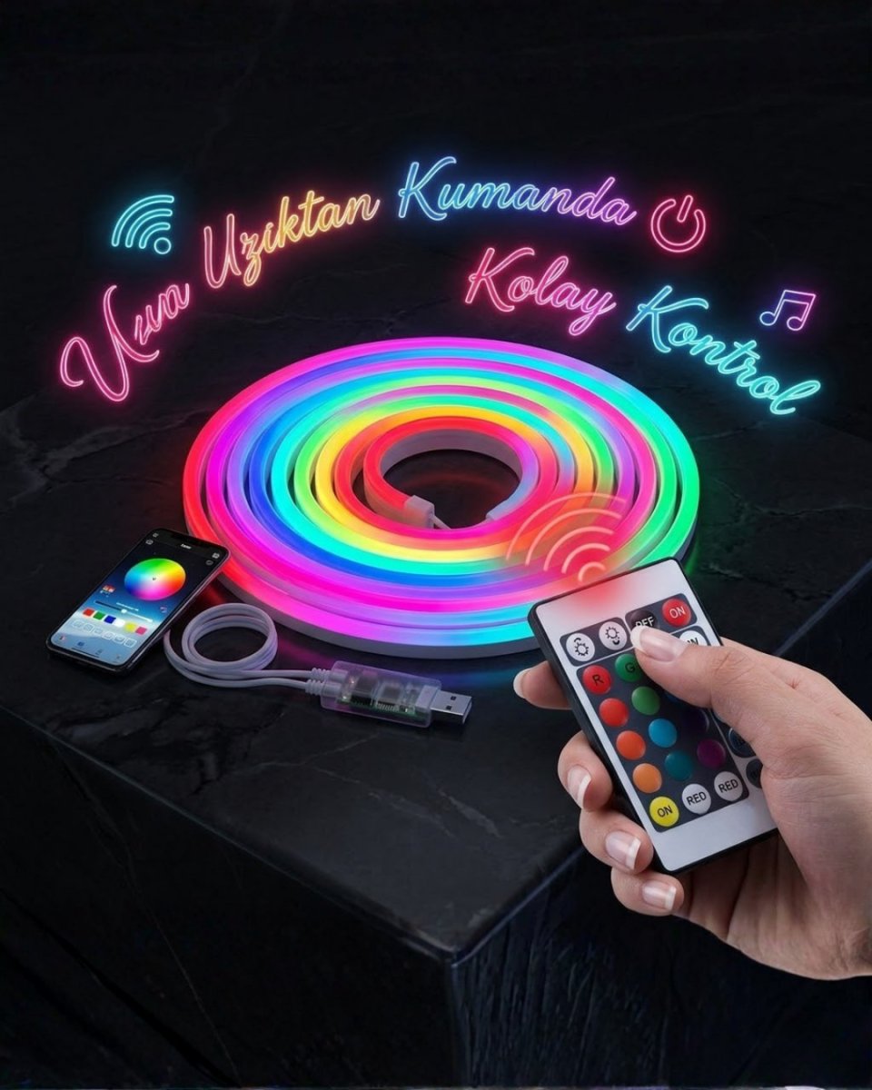 3 Metre RGB Akıllı Neon LED Şerit Işık Telefon ve Kumanda Kontrollü Ambiyans Aydınlatma 1 3 Metre RGB Akıllı Neon LED Şerit Işık Telefon ve Kumanda Kontrollü Ambiyans Aydınlatma