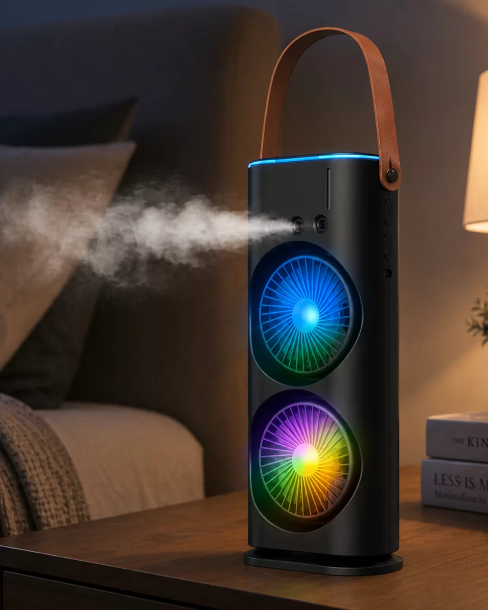 USB Şarjlı Çift Başlıklı Buharlı Masaüstü Fan Sessiz Serinletici Işıklı Fan 1 USB Şarjlı Çift Başlıklı Buharlı Masaüstü Fan Sessiz Serinletici Işıklı Fan