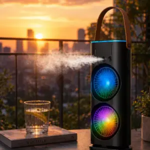 Şarjlı Buharlı Serinletici Fan RGB Işıklı Çift Pervaneli Masa Fanı