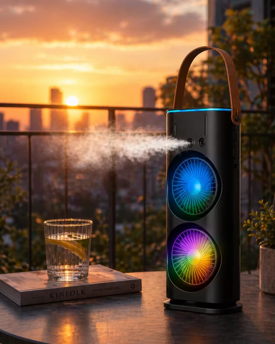 Şarjlı Buharlı Serinletici Fan RGB Işıklı Çift Pervaneli Masa Fanı 1 Şarjlı Buharlı Serinletici Fan RGB Işıklı Çift Pervaneli Masa Fanı