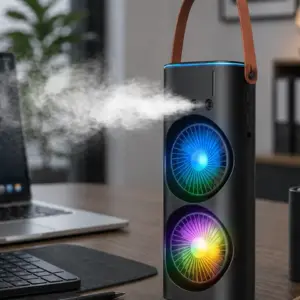 Çift Başlıklı Taşınabilir Fan RGB Işıklı Sprey Nemlendiricili Masaüstü Serinletici Fan
