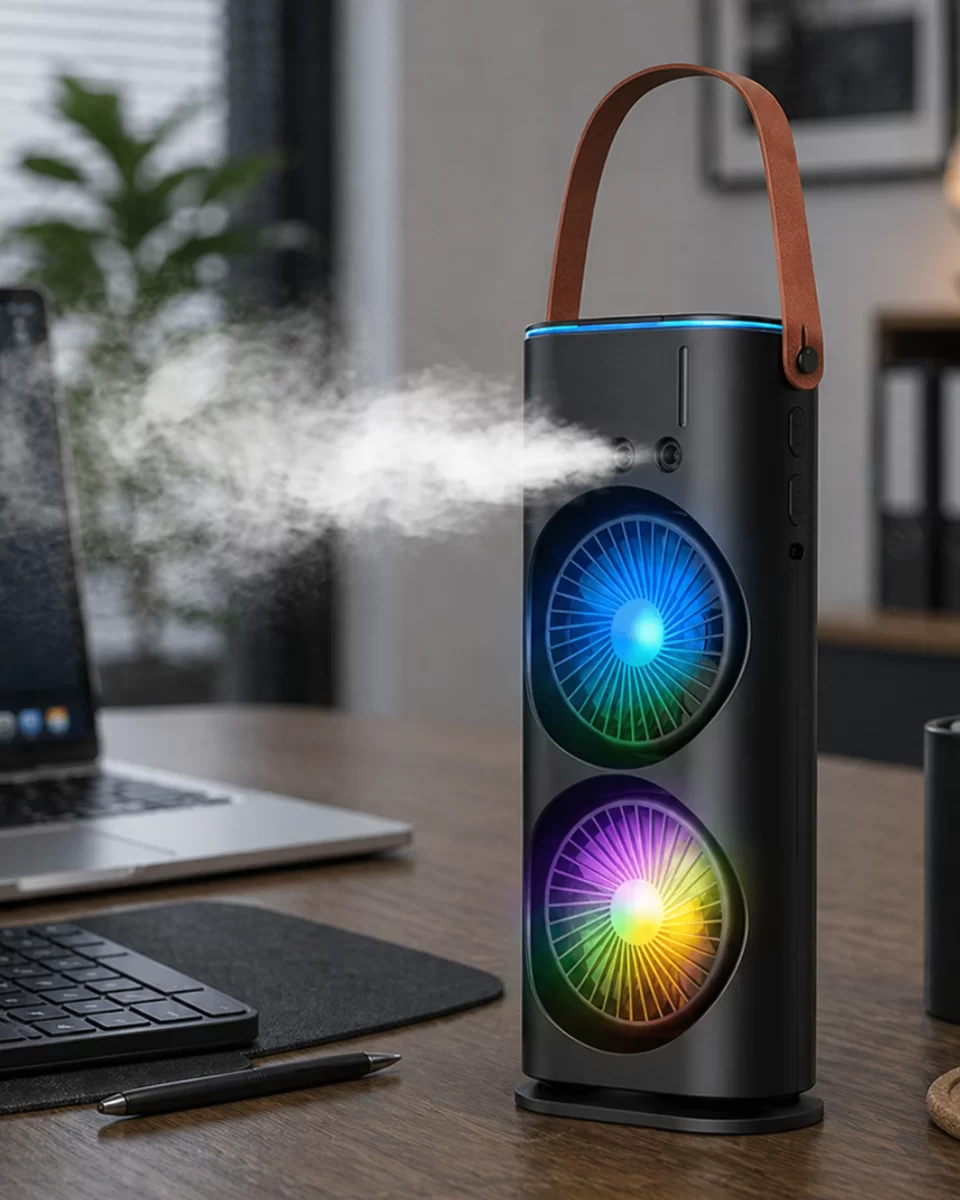 Çift Başlıklı Taşınabilir Fan RGB Işıklı Sprey Nemlendiricili Masaüstü Serinletici Fan 1 Çift Başlıklı Taşınabilir Fan RGB Işıklı Sprey Nemlendiricili Masaüstü Serinletici Fan