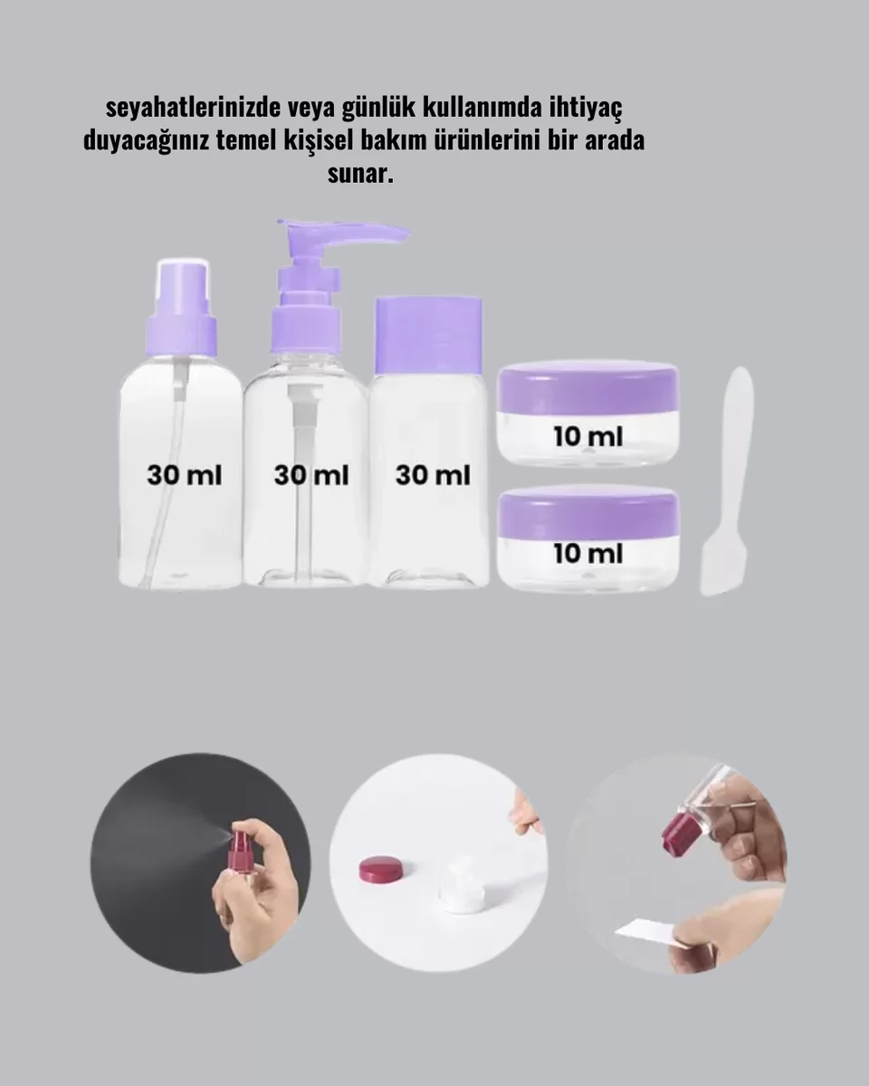 Seyahat Bakım Seti 5 Parça Sızdırmaz Şeffaf Kapaklı 30ml Yeni Nesil 4 Seyahat Bakım Seti 5 Parça Sızdırmaz Şeffaf Kapaklı 30ml Yeni Nesil - Görsel 4