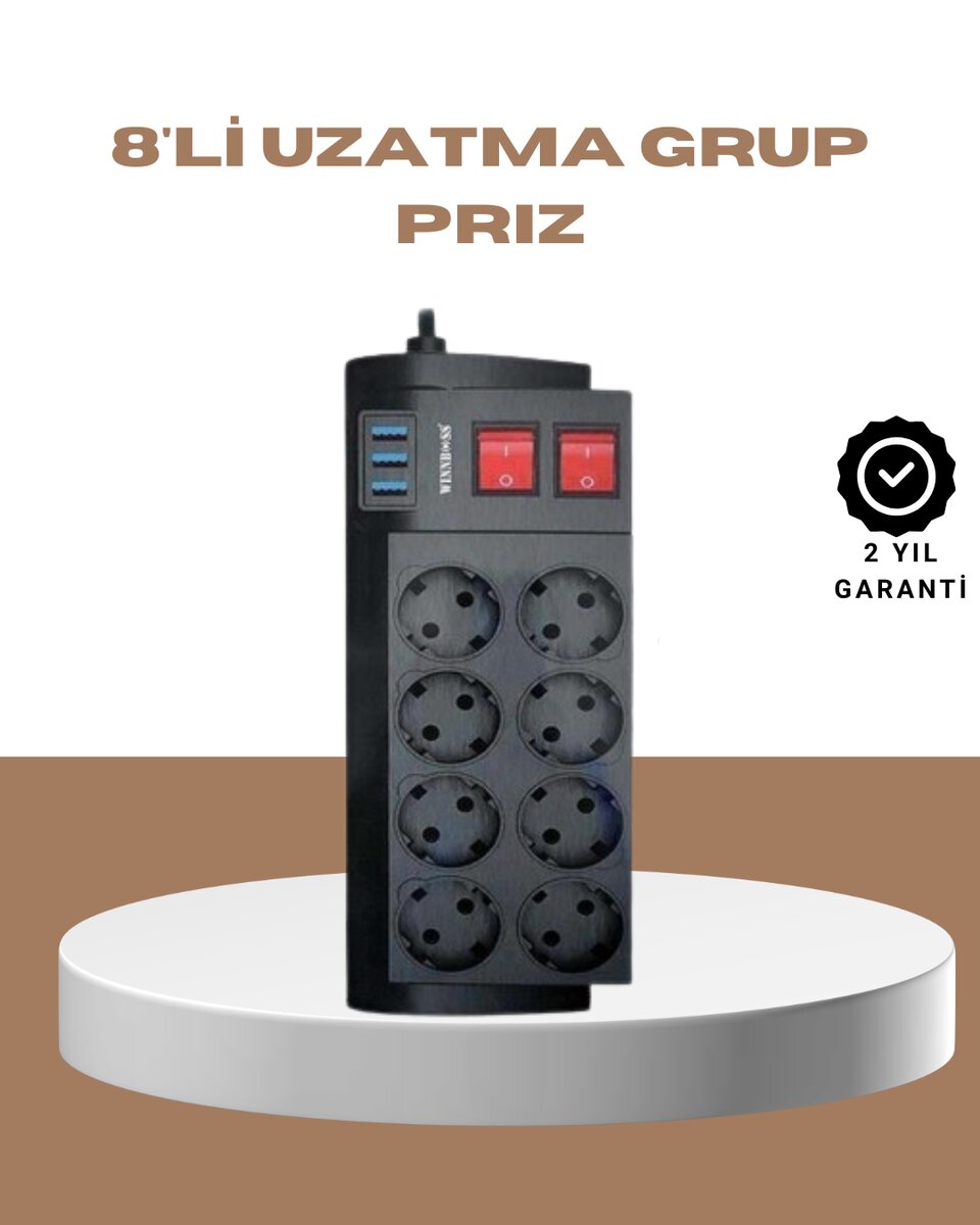 Güçlü Termal Korumalı 8 Priz + 3 USB Çoklu Uzatma Kablosu 2m 1 Güçlü Termal Korumalı 8 Priz + 3 USB Çoklu Uzatma Kablosu 2m