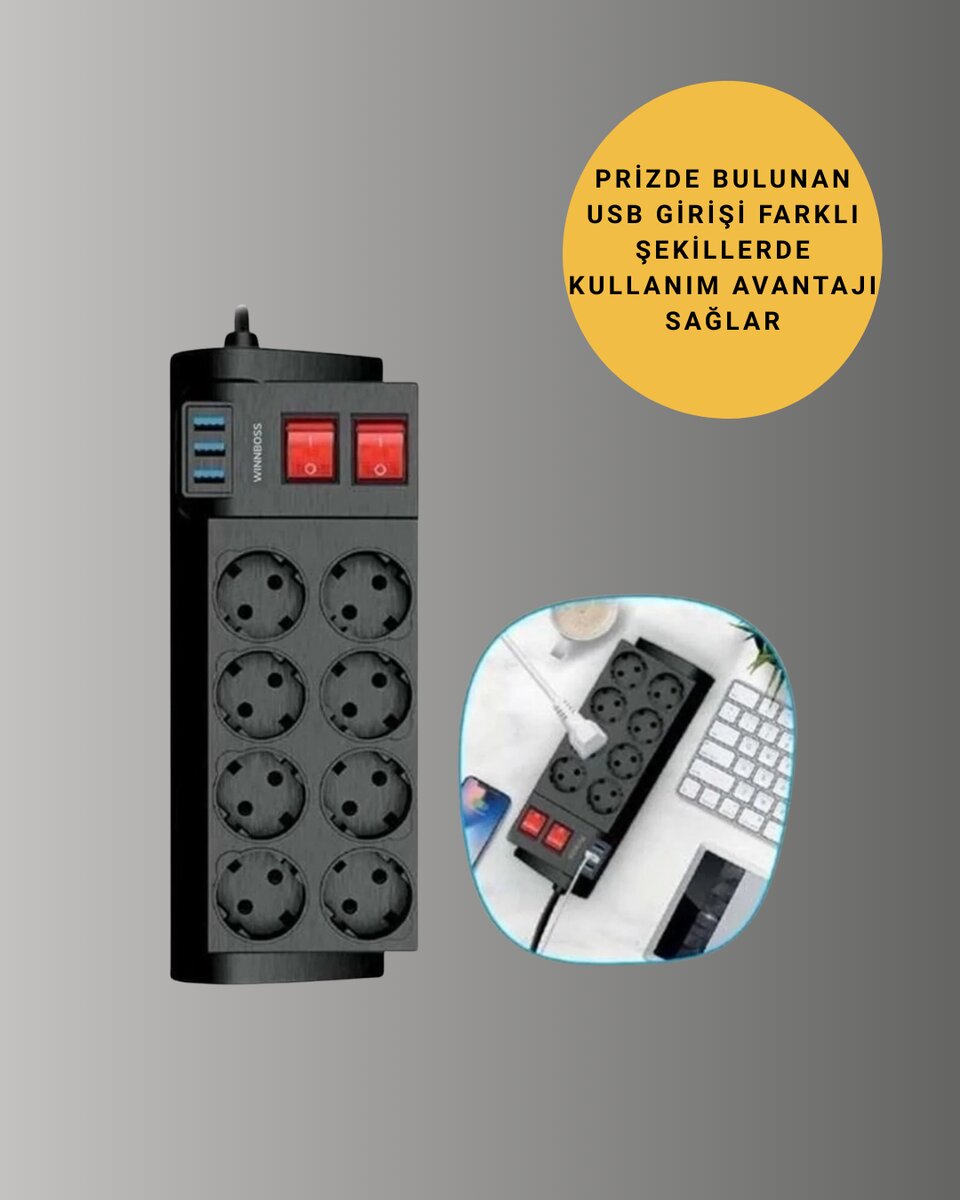 Güçlü Termal Korumalı 8 Priz + 3 USB Çoklu Uzatma Kablosu 2m 2 Güçlü Termal Korumalı 8 Priz + 3 USB Çoklu Uzatma Kablosu 2m - Görsel 2