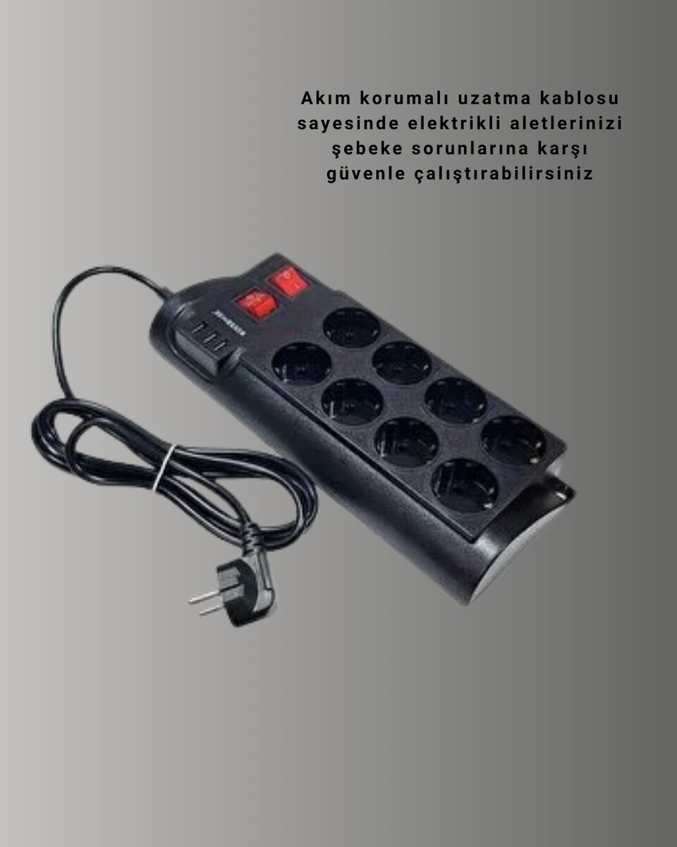 Güçlü Termal Korumalı 8 Priz + 3 USB Çoklu Uzatma Kablosu 2m 3 Güçlü Termal Korumalı 8 Priz + 3 USB Çoklu Uzatma Kablosu 2m - Görsel 3