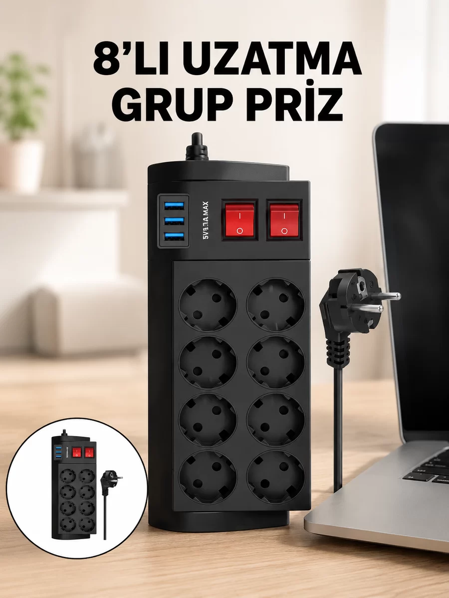 Termal Korumalı 8 Prizli 3 USB’li Uzatma Kablosu Yeni Nesil 1 Termal Korumalı 8 Prizli 3 USB’li Uzatma Kablosu Yeni Nesil