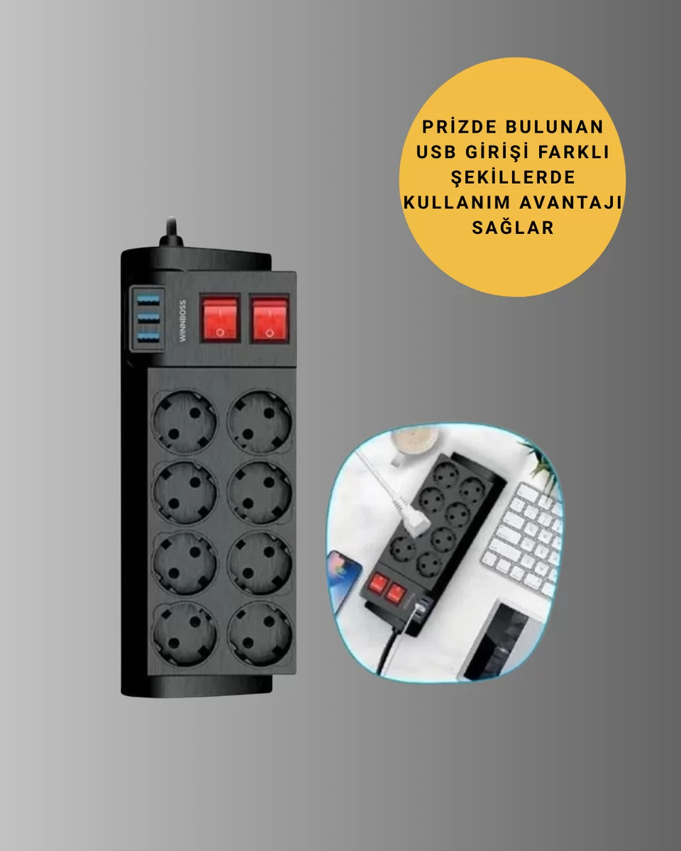 2 Metre Güçlü Çoklu Priz 8 Soket Yeni Nesil 2 2 Metre Güçlü Çoklu Priz 8 Soket Yeni Nesil - Görsel 2