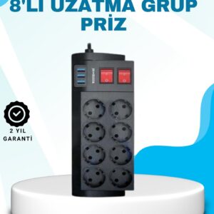 Isıya Dayanıklı Termal Akım Korumalı 8'li Priz ve 3 USB Girişli Uzatma Kablosu