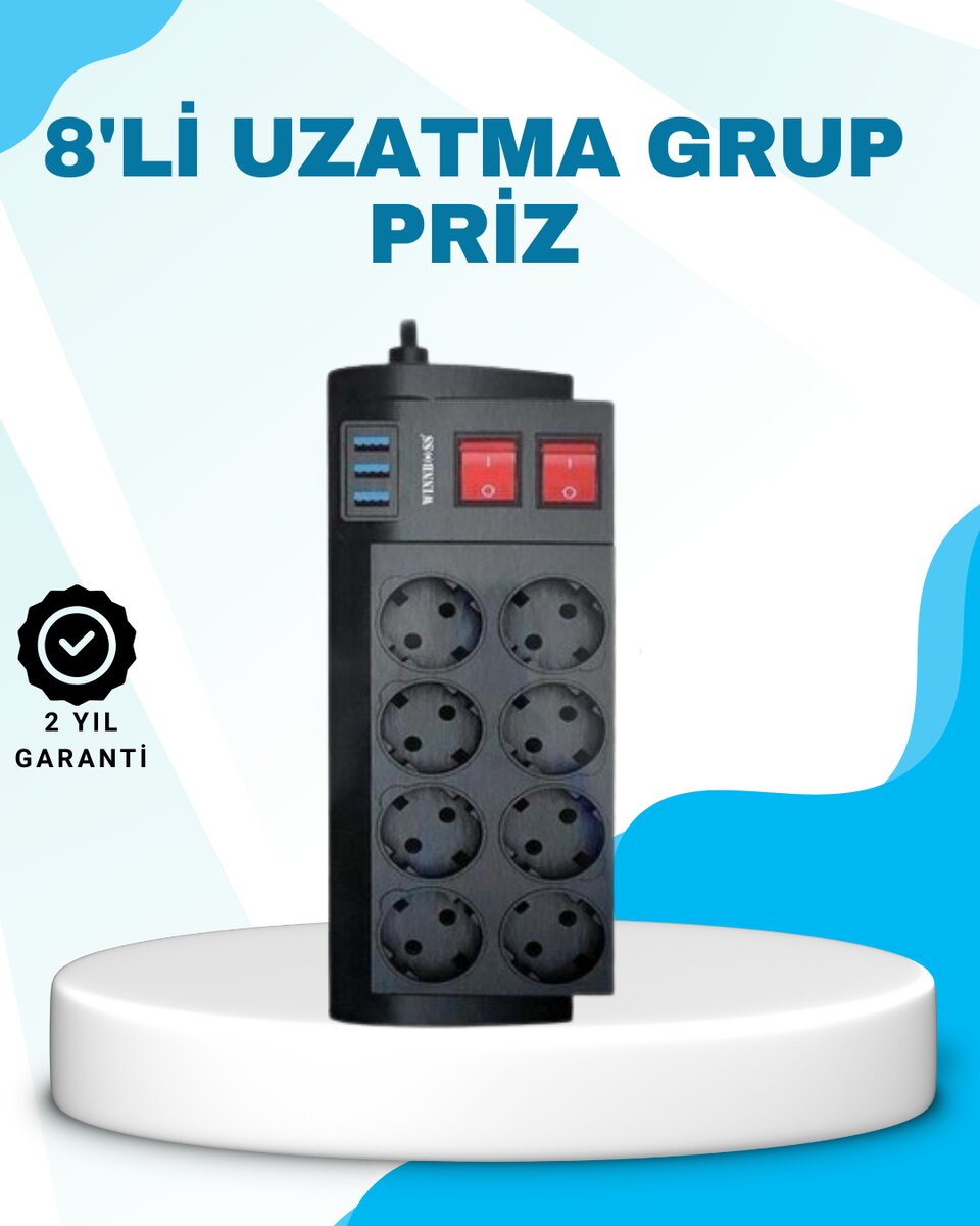 Isıya Dayanıklı Termal Akım Korumalı 8'li Priz ve 3 USB Girişli Uzatma Kablosu 1 Isıya Dayanıklı Termal Akım Korumalı 8'li Priz ve 3 USB Girişli Uzatma Kablosu