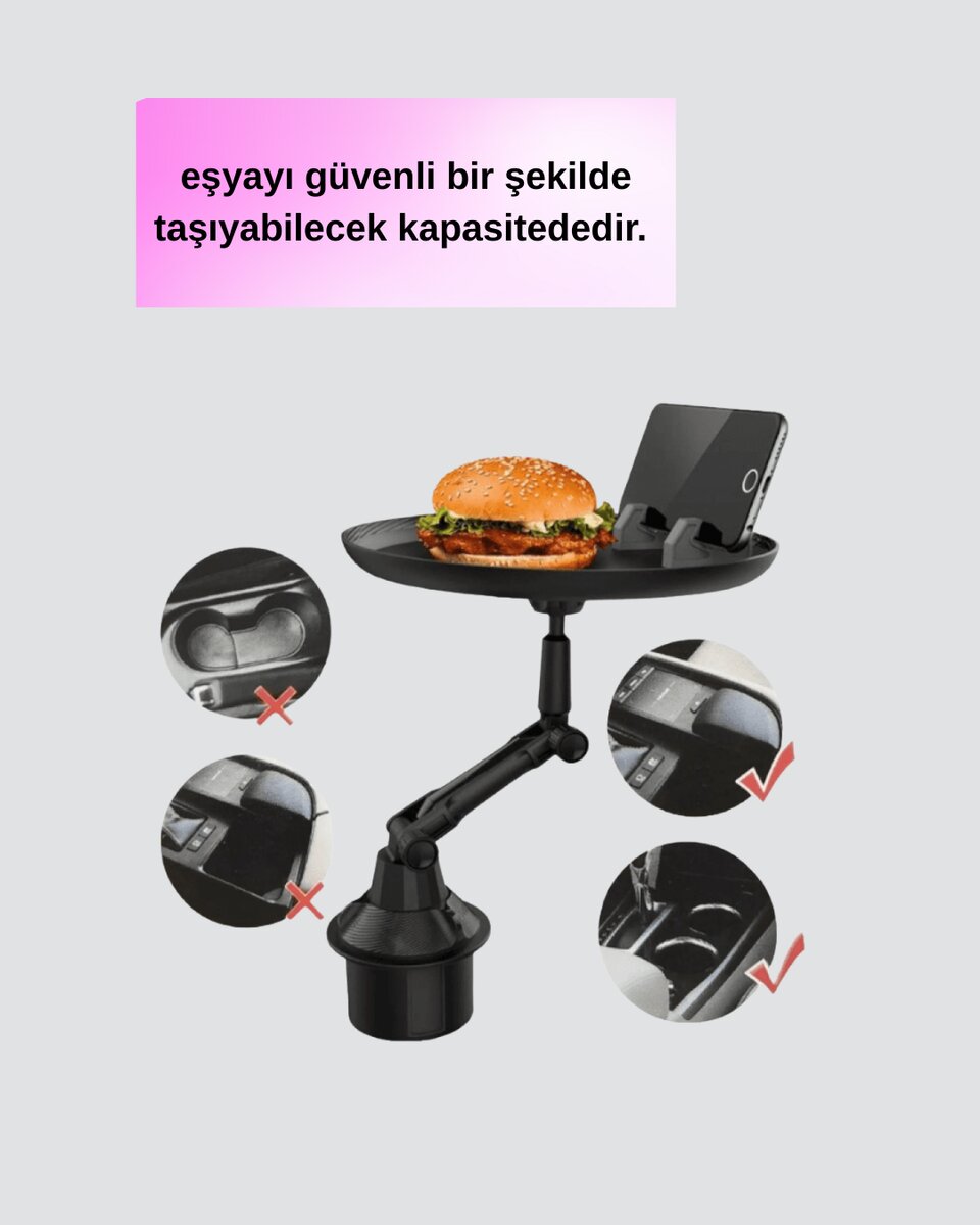 Universal Araç İçi Bardaklık Tepsisi 9 İnç Yemek Alanı ve Telefon Standlı 4 Universal Araç İçi Bardaklık Tepsisi 9 İnç Yemek Alanı ve Telefon Standlı - Görsel 4