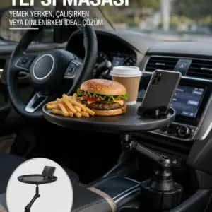 Araç İçi 360° Ayarlanabilir Bardaklık Tepsisi Geniş Yüzeyli ve Telefon Standlı Yeni Nesil