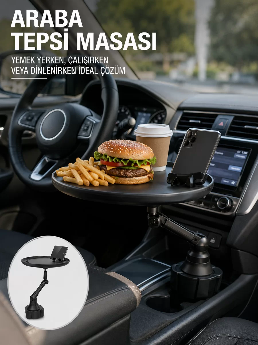 Araç İçi 360° Ayarlanabilir Bardaklık Tepsisi Geniş Yüzeyli ve Telefon Standlı Yeni Nesil 1 Araç İçi 360° Ayarlanabilir Bardaklık Tepsisi Geniş Yüzeyli ve Telefon Standlı Yeni Nesil